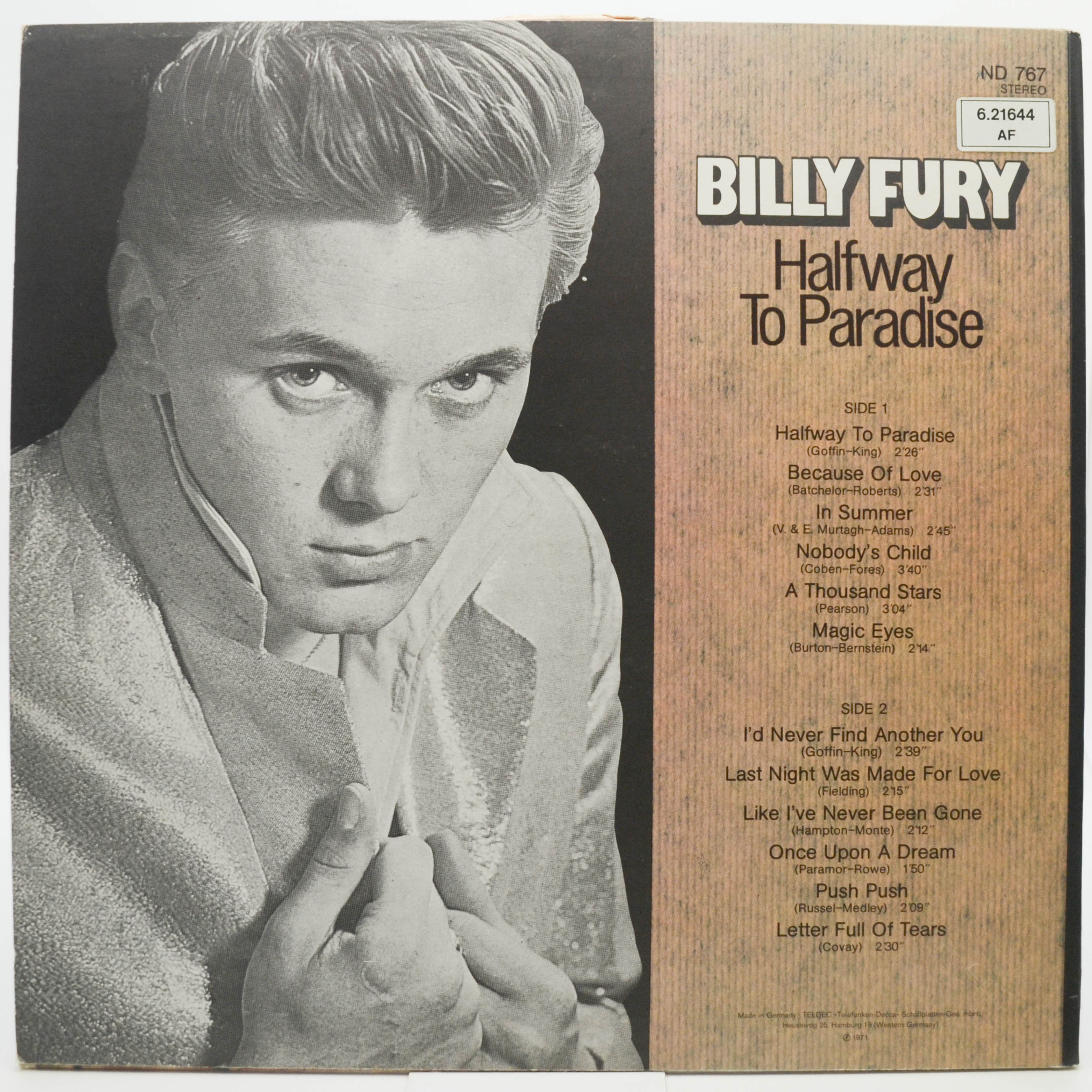 Billy Fury — Halfway To Paradise, 1971