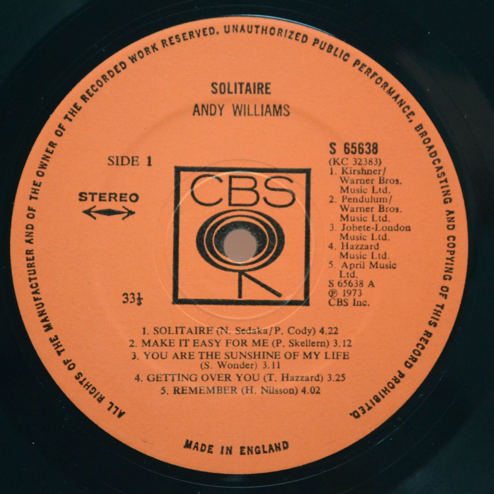 Andy Williams — Solitaire (UK), 1973