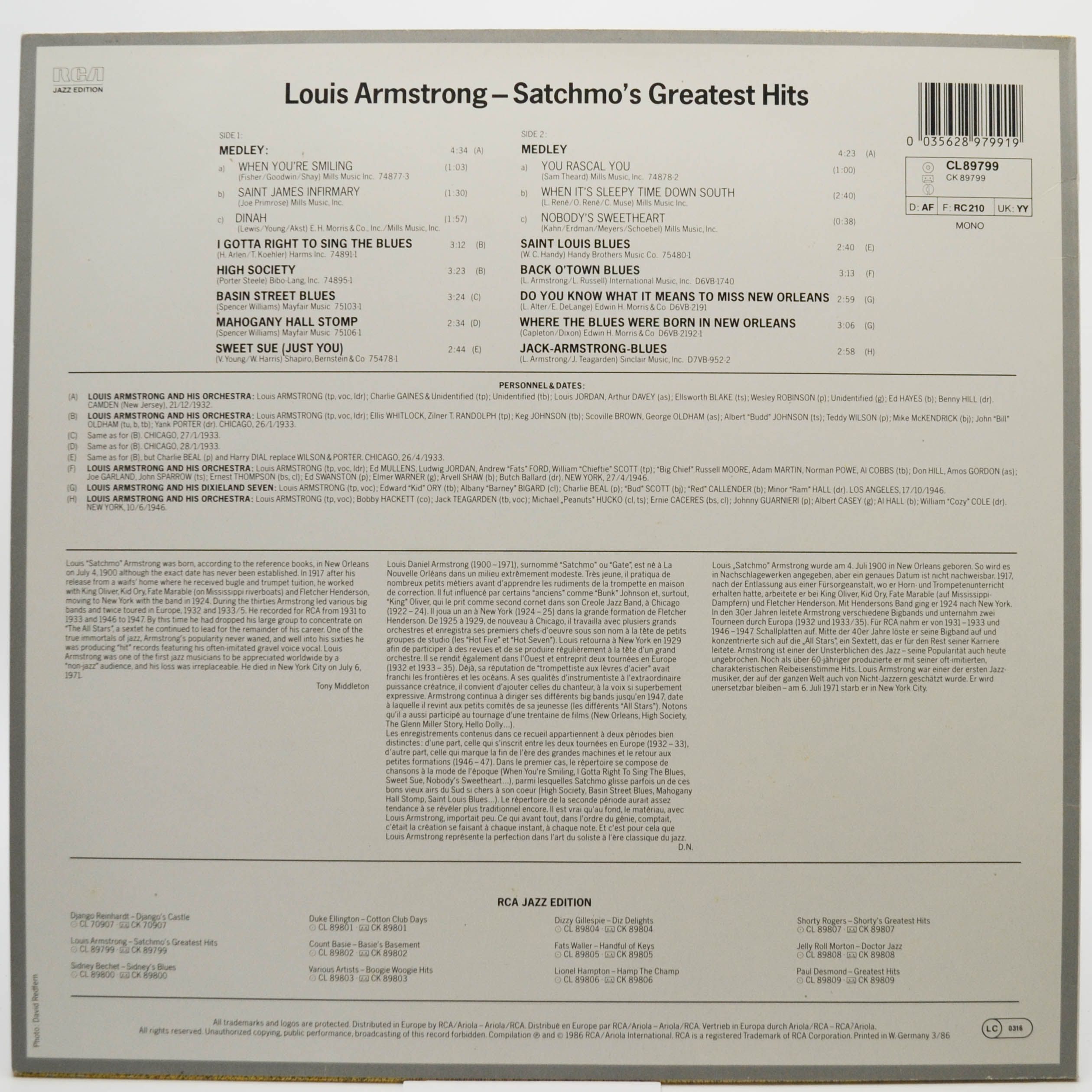 Louis Armstrong — Satchmo's Greatest Hits, 1986