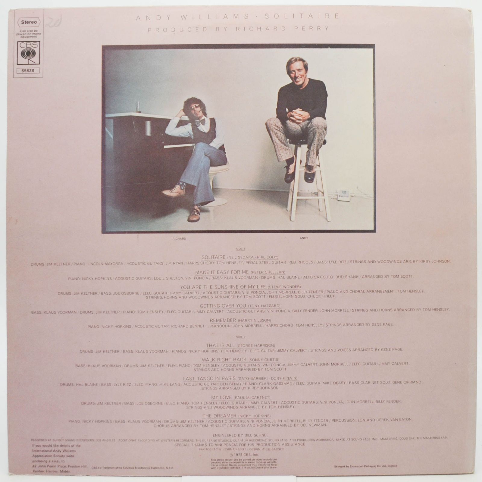 Andy Williams — Solitaire (UK), 1973