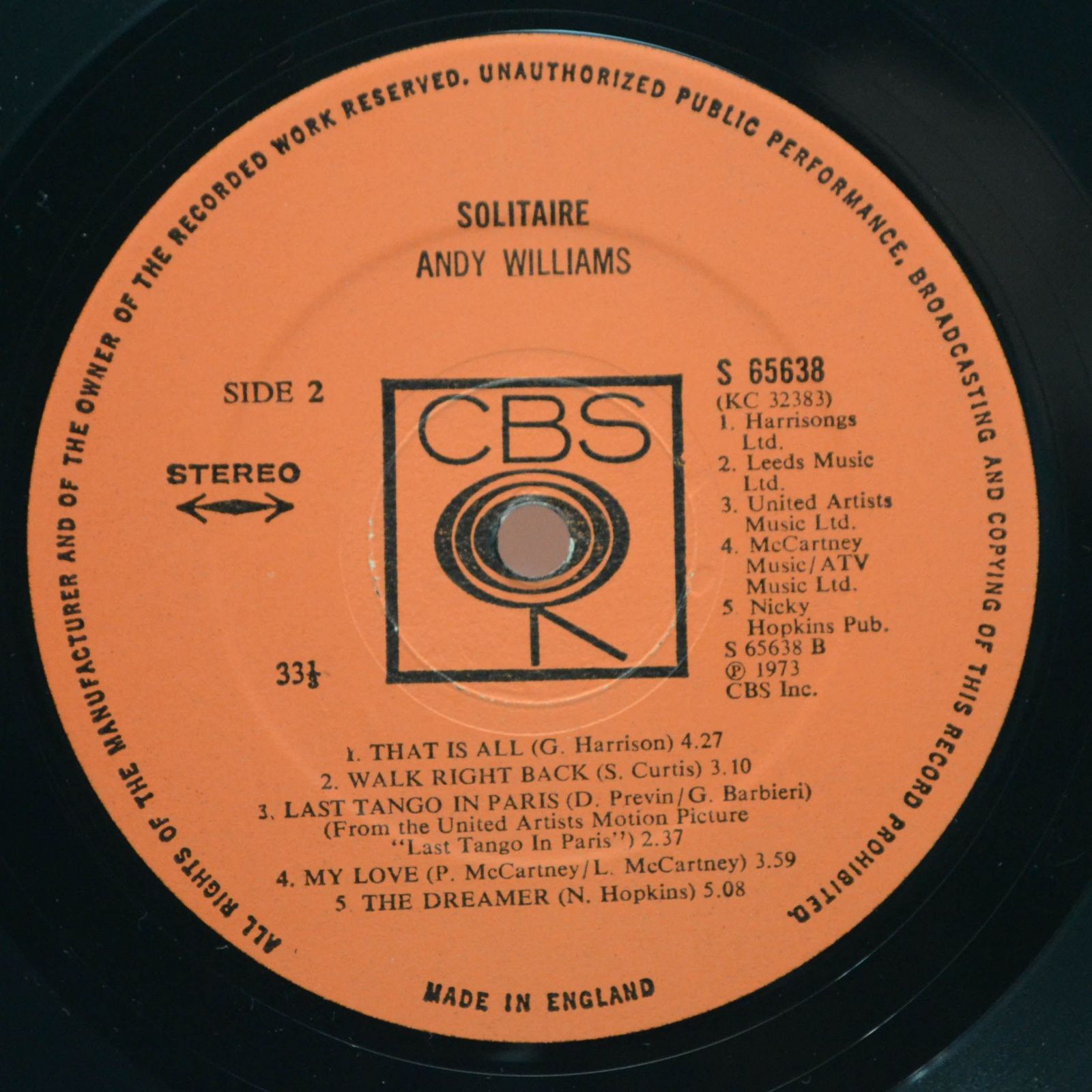 Andy Williams — Solitaire (UK), 1973