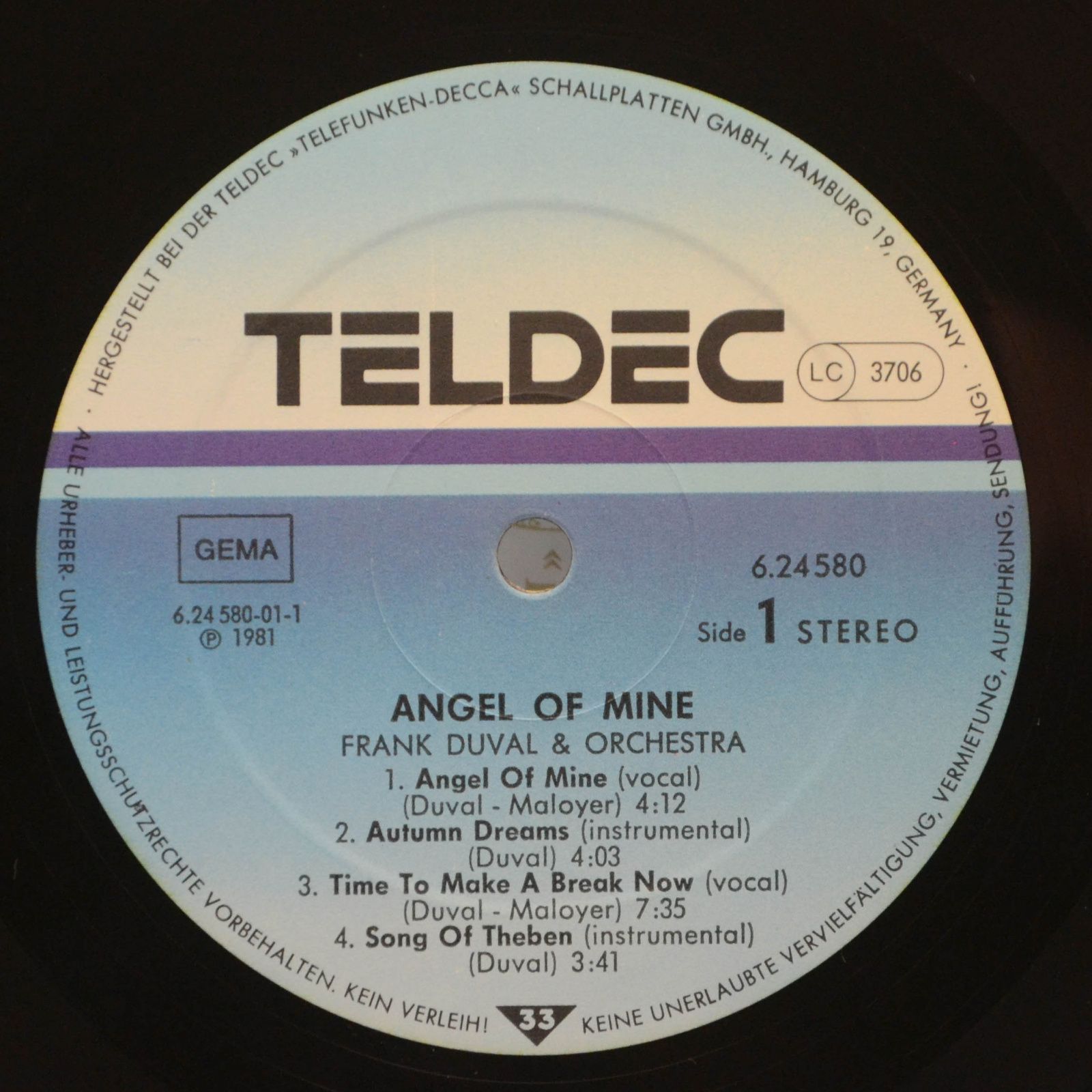 Frank Duval & Orchestra — Angel Of Mine, 1981