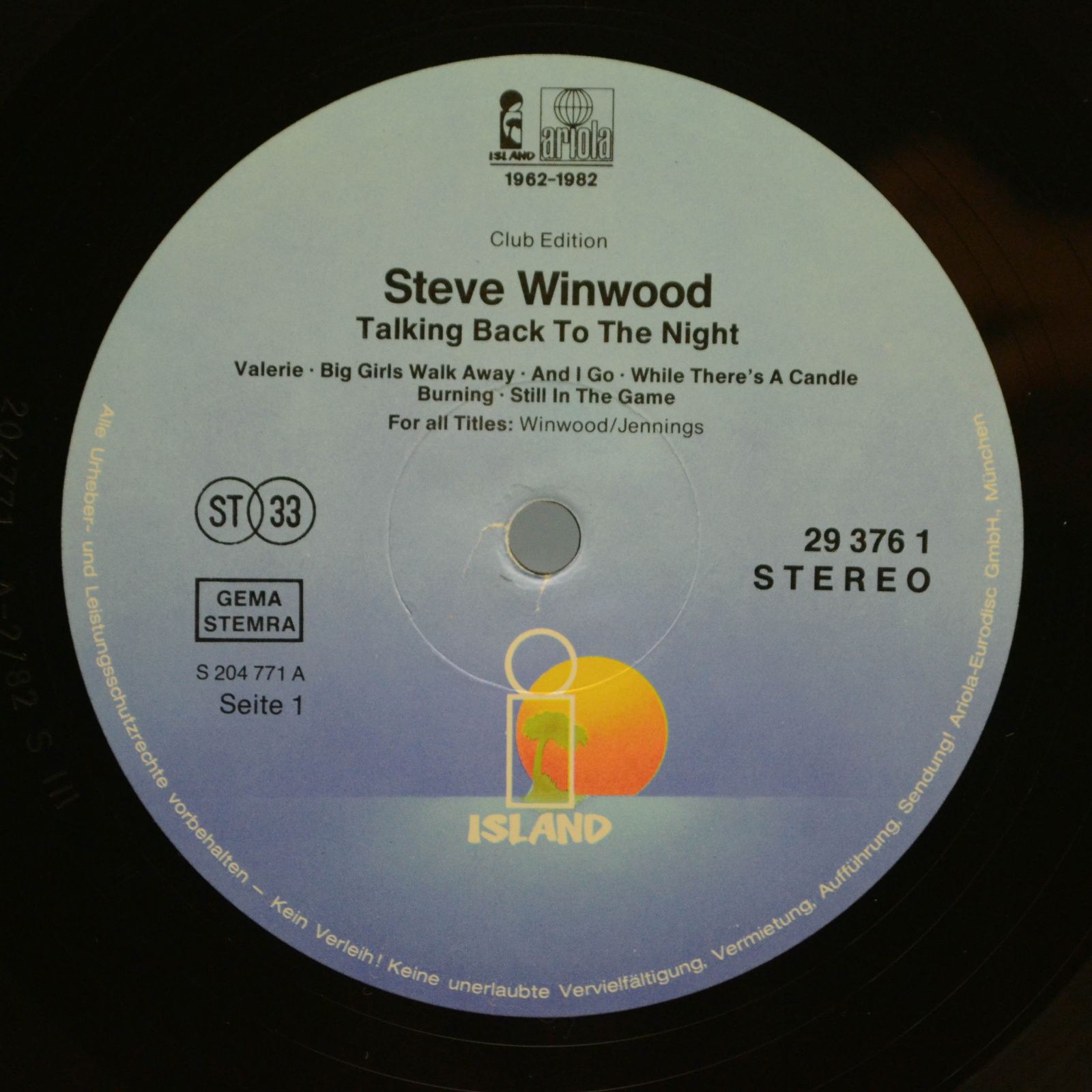 Steve Winwood — Talking Back To The Night, 1982