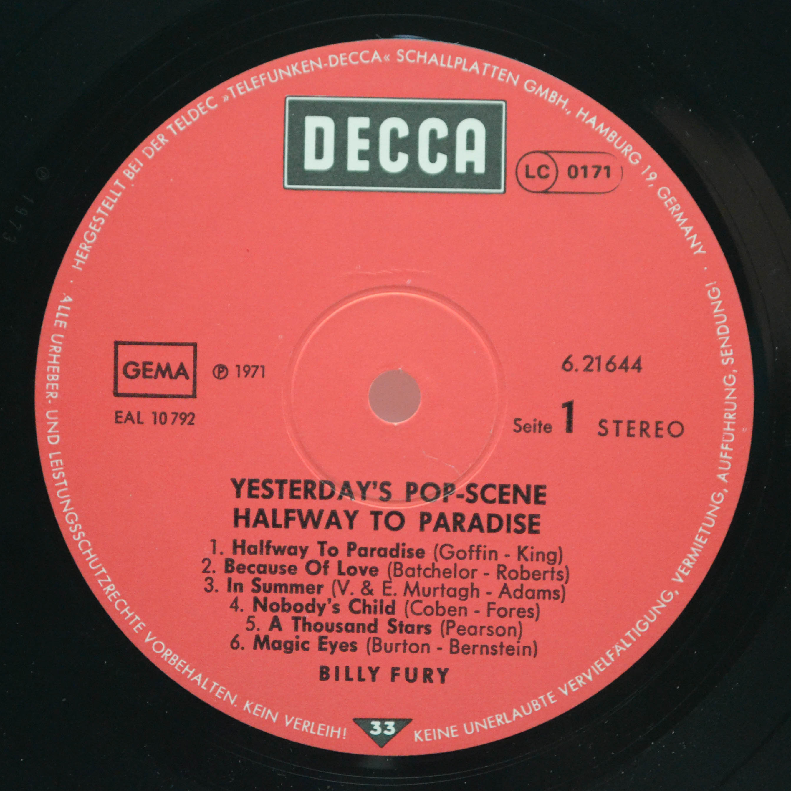 Billy Fury — Halfway To Paradise, 1971