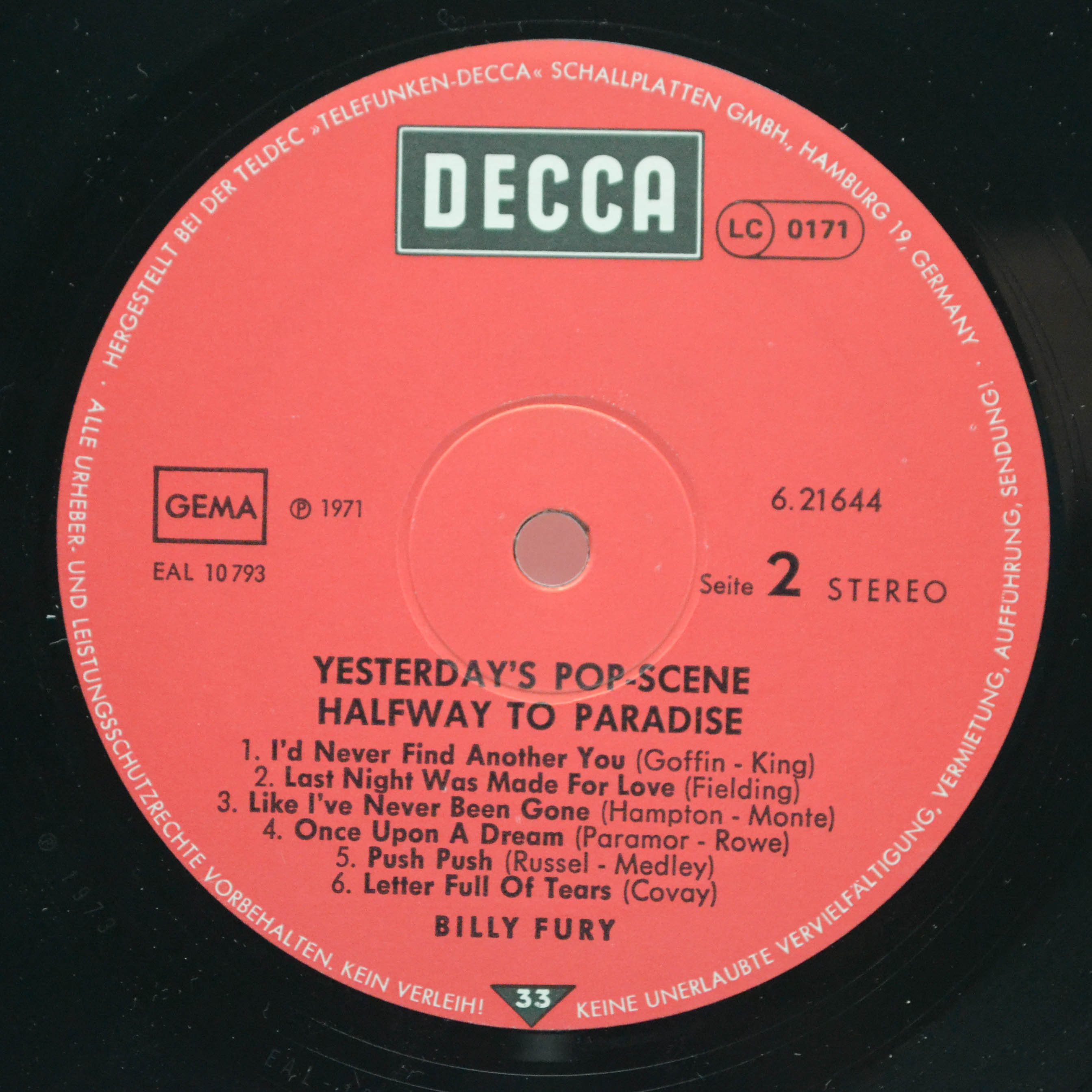 Billy Fury — Halfway To Paradise, 1971