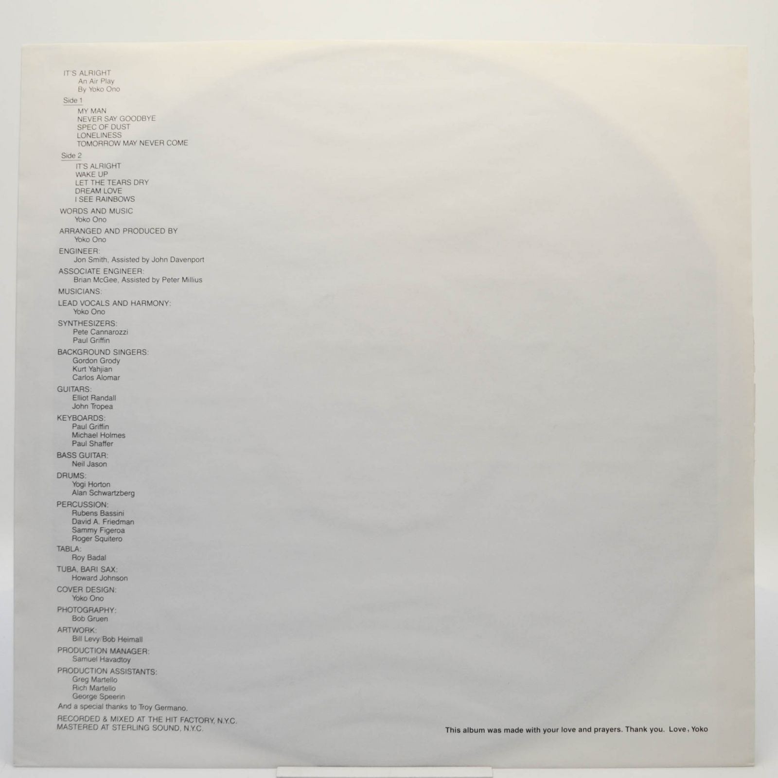 Yoko Ono — It's Alright (I See Rainbows), 1982