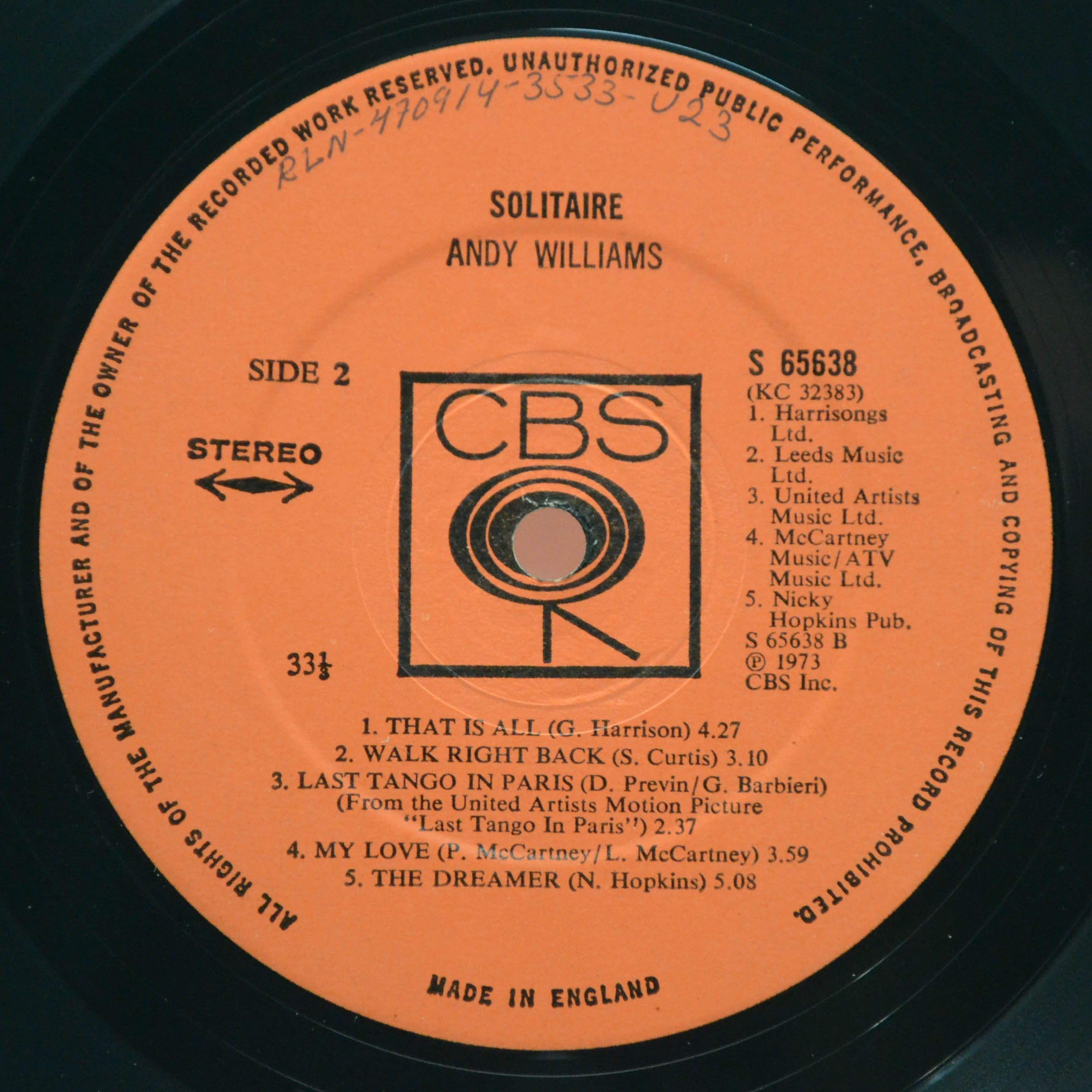 Andy Williams — Solitaire (UK), 1973