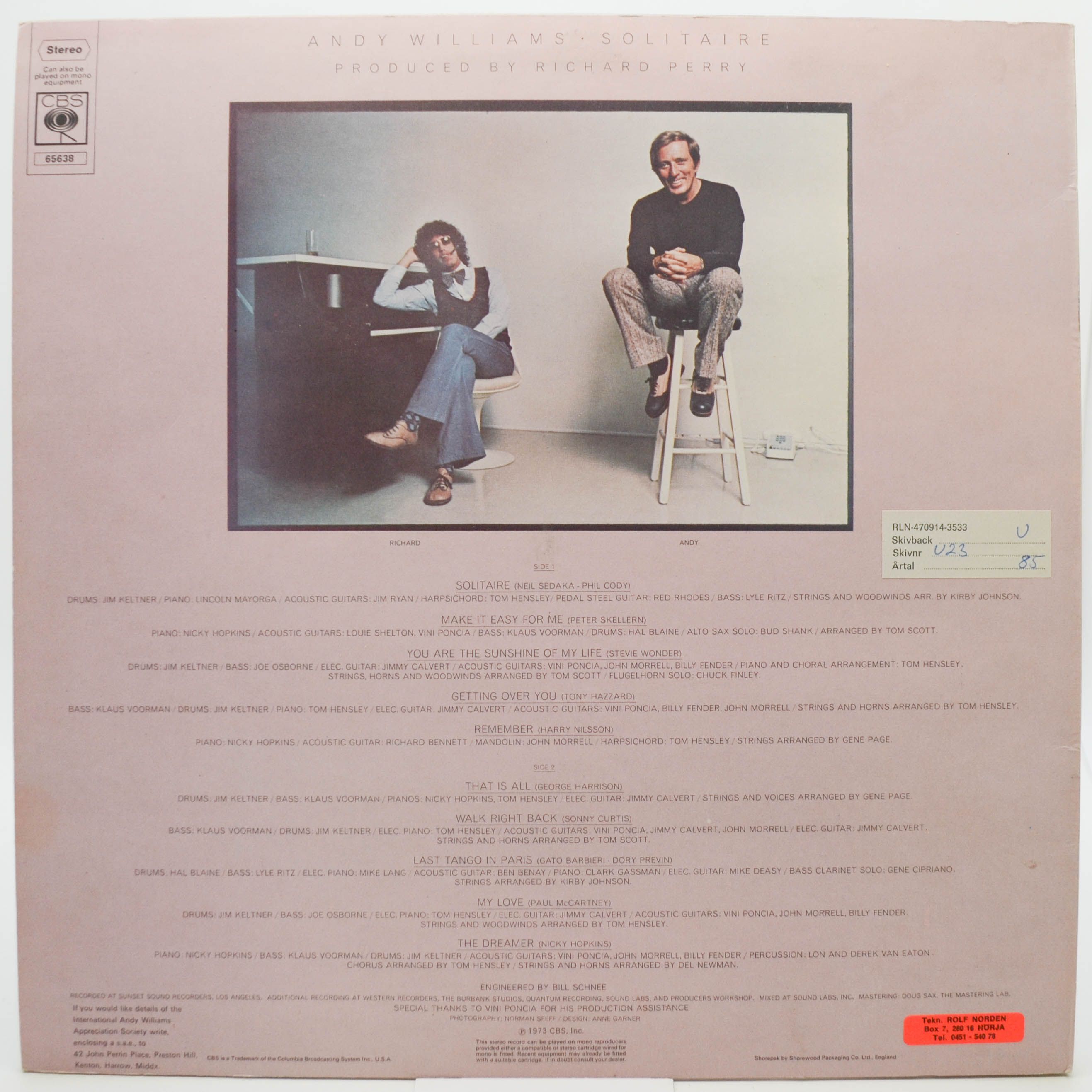 Andy Williams — Solitaire (UK), 1973