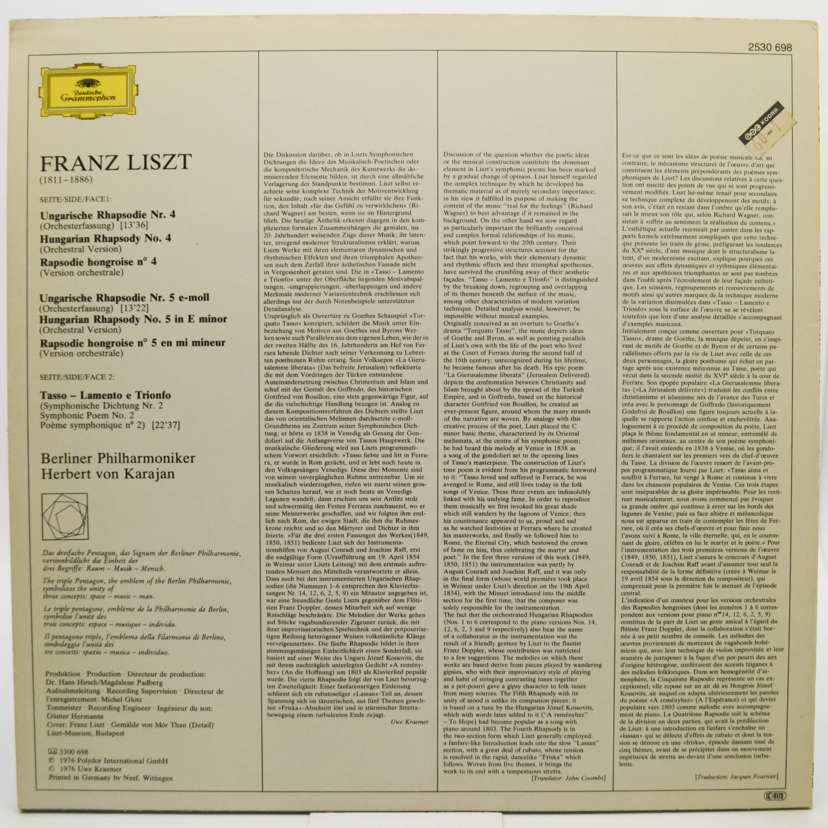 Franz Liszt • Berliner Philharmoniker • Herbert von Karajan — Ungarische Rhapsodien Nr.4 U. 5 • Hungarian Rhapsodies / Tasso: Lamento E Trionfo, 1976