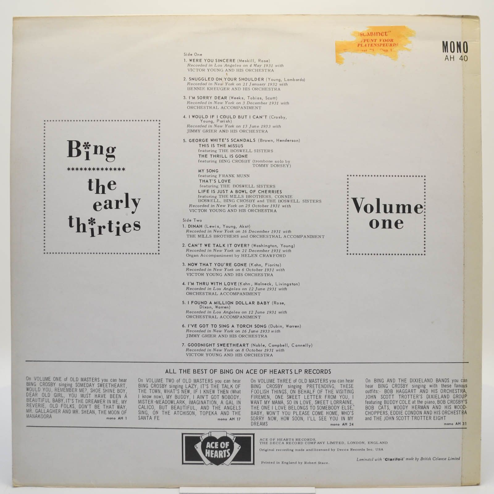 Bing — The Early Thirties, Volume 1 (UK), 1962