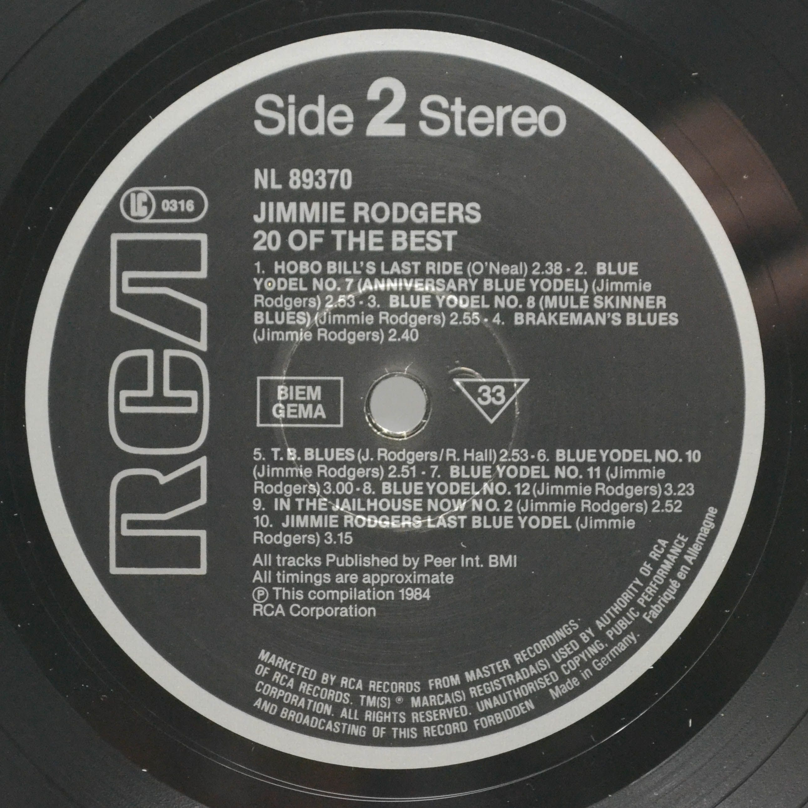 Jimmie Rodgers — 20 Of The Best, 1984