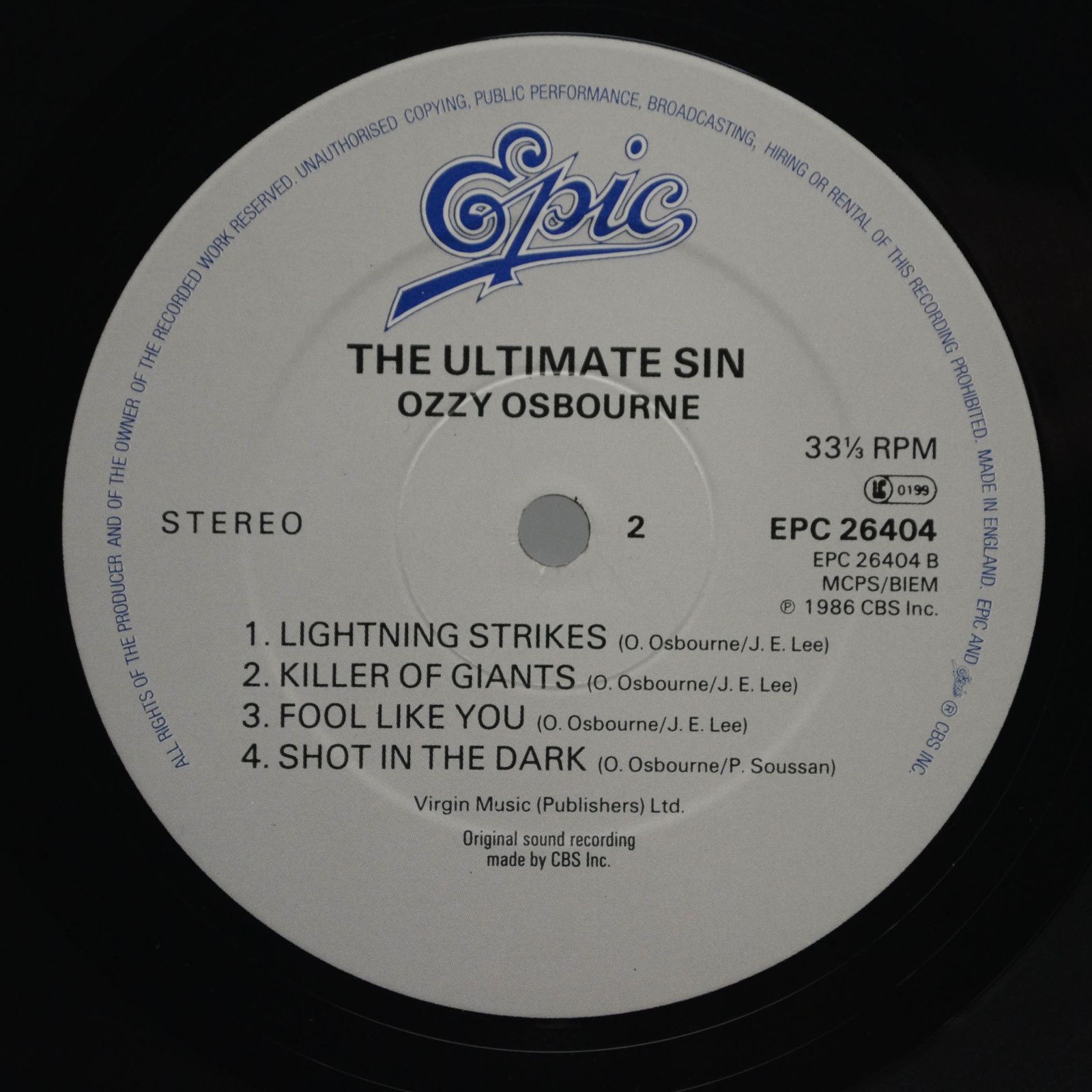 Ozzy Osbourne — The Ultimate Sin (UK), 1986