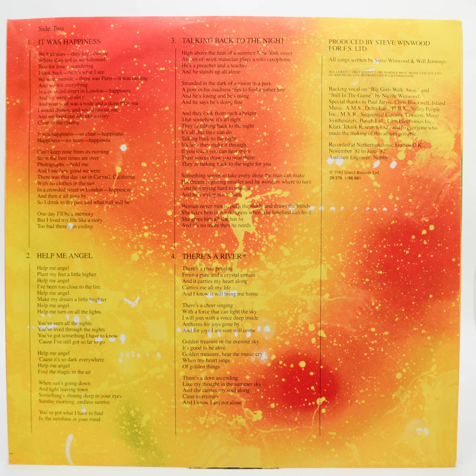 Steve Winwood — Talking Back To The Night, 1982